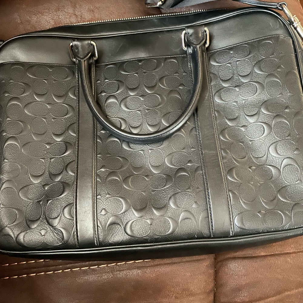 Coach Black/Grey Leather Laptop Bag with Shoulder Strap